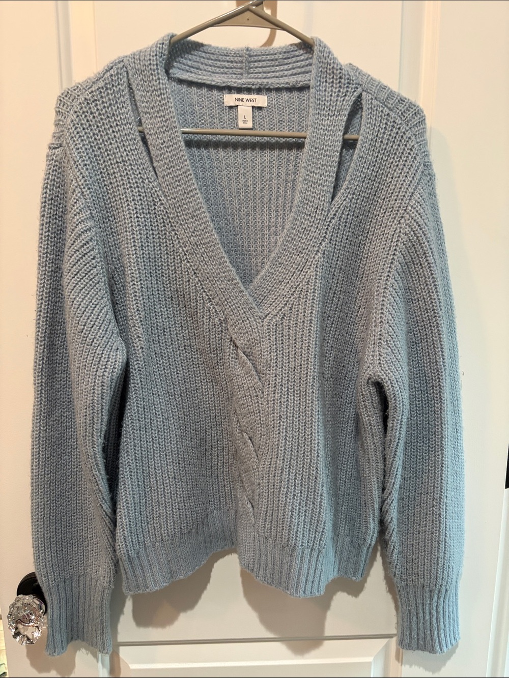 Nine West Light Blue V-Neck Cable Pullover Sweater
